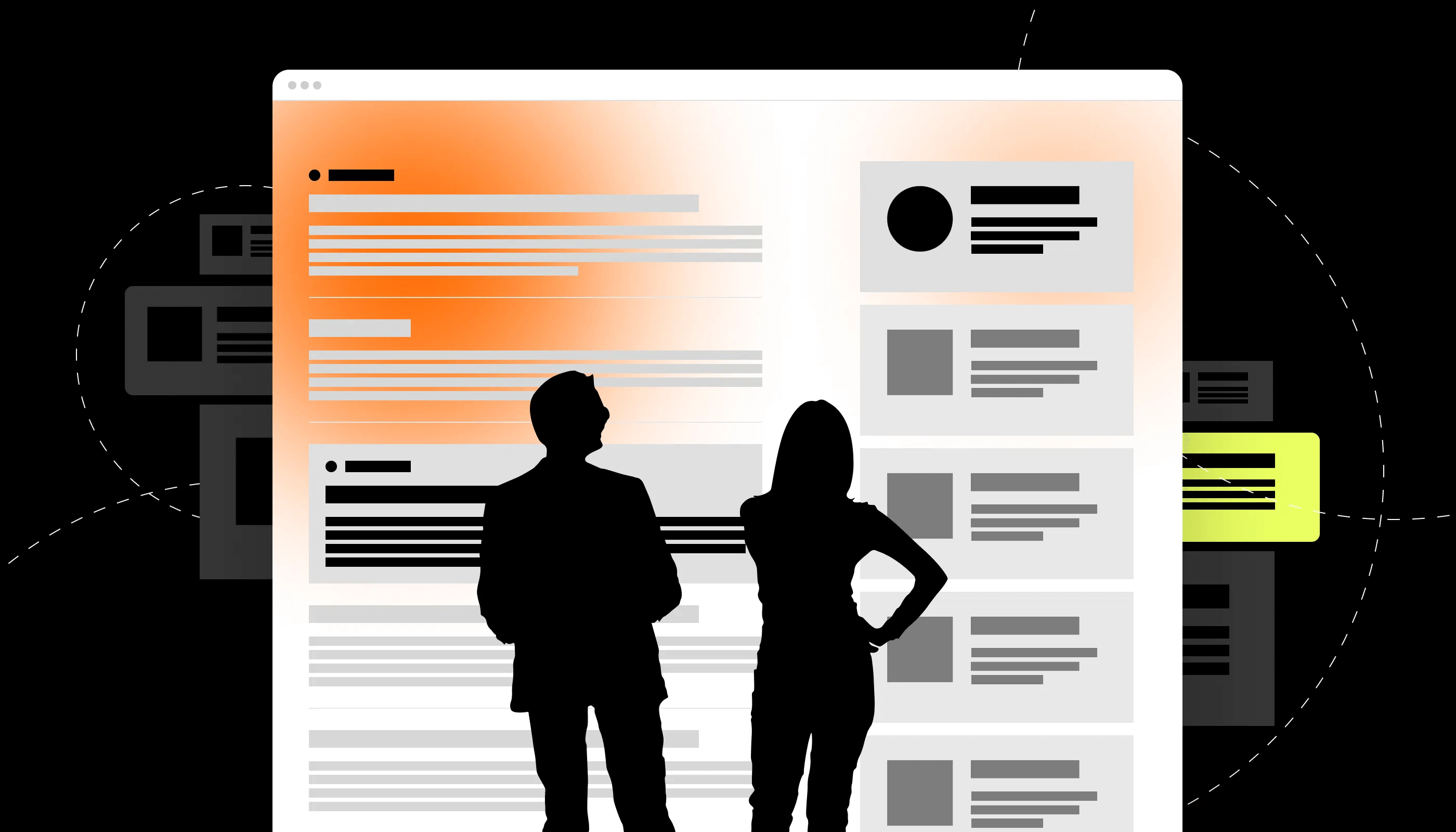 Zwei Figuren (Menschen) ganz schwarz, ohne GEsicht oder ähnliches stehen vor einer Abbildung einer Website