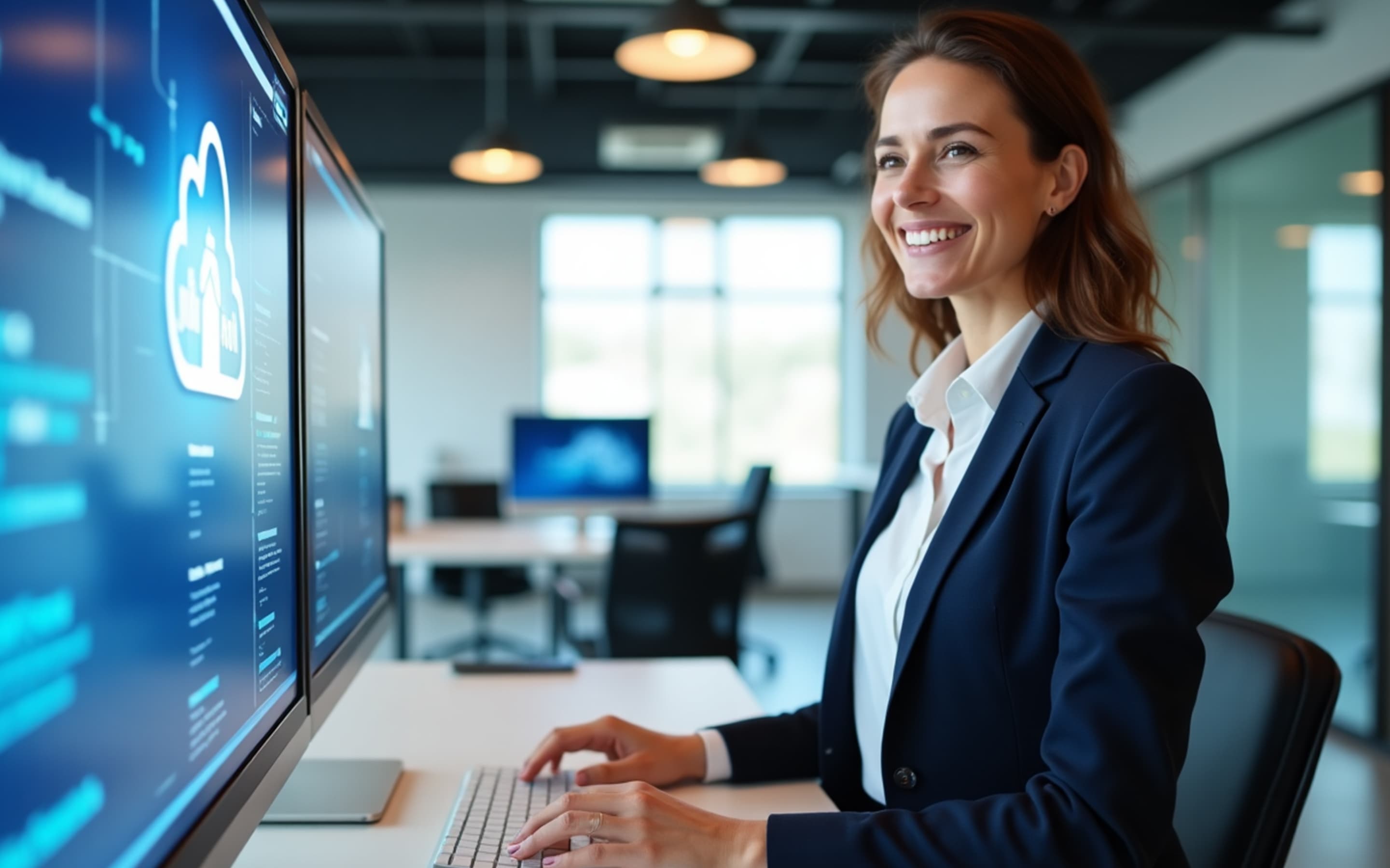 Frau im Anzug vor Computer