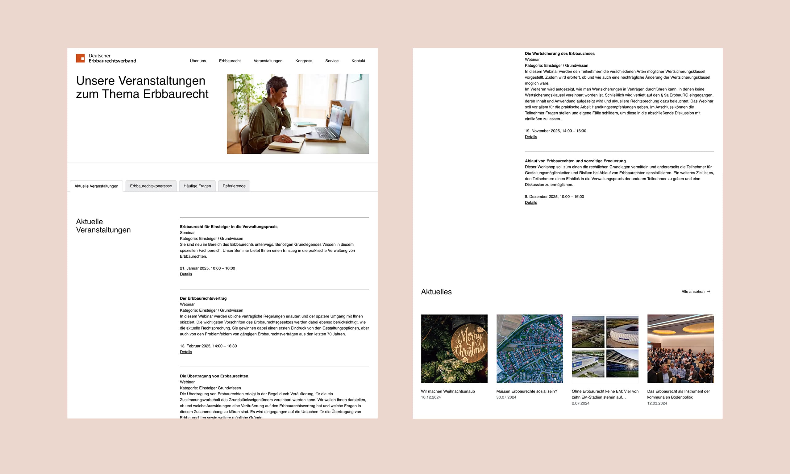 Screenshot der Seite Veranstaltungen des Deutschen Erbbaurechtverbands