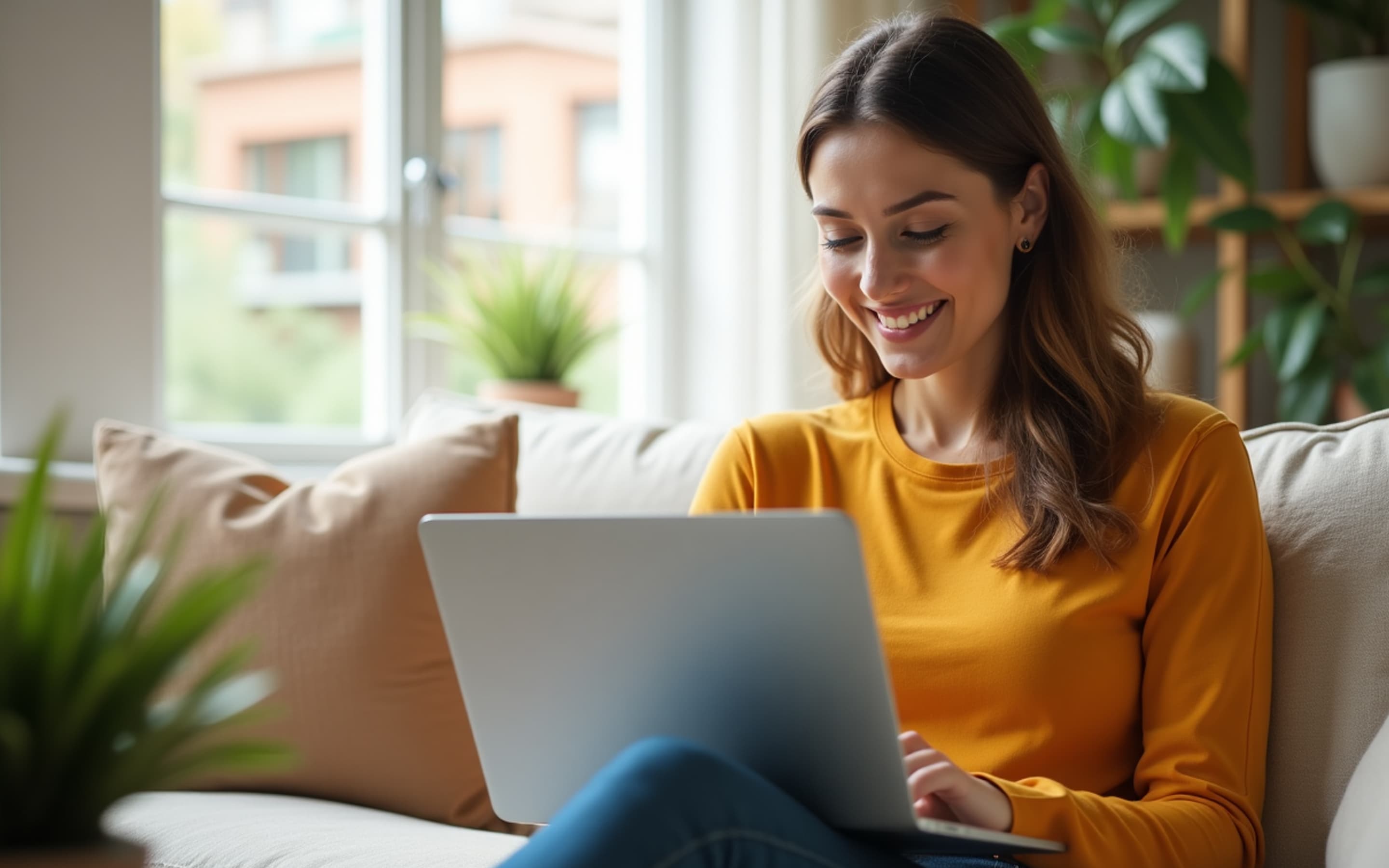 Frau sitzt auf der Couch und schaut auf Laptop