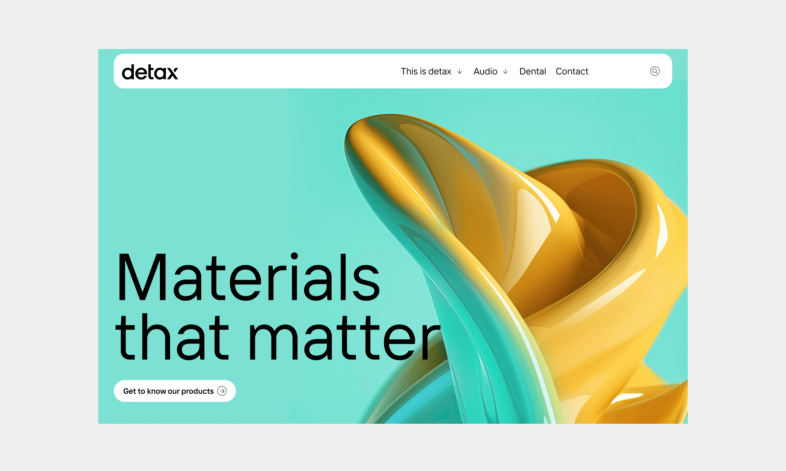 Desktop-Bildschirm mit der neuen Website der detax GmbH, präsentiert in moderner Corporate Identity. Der Slogan 'Materials that matter' steht prominent vor einer abstrakten Hintergrundgrafik in Gelb und Türkis.