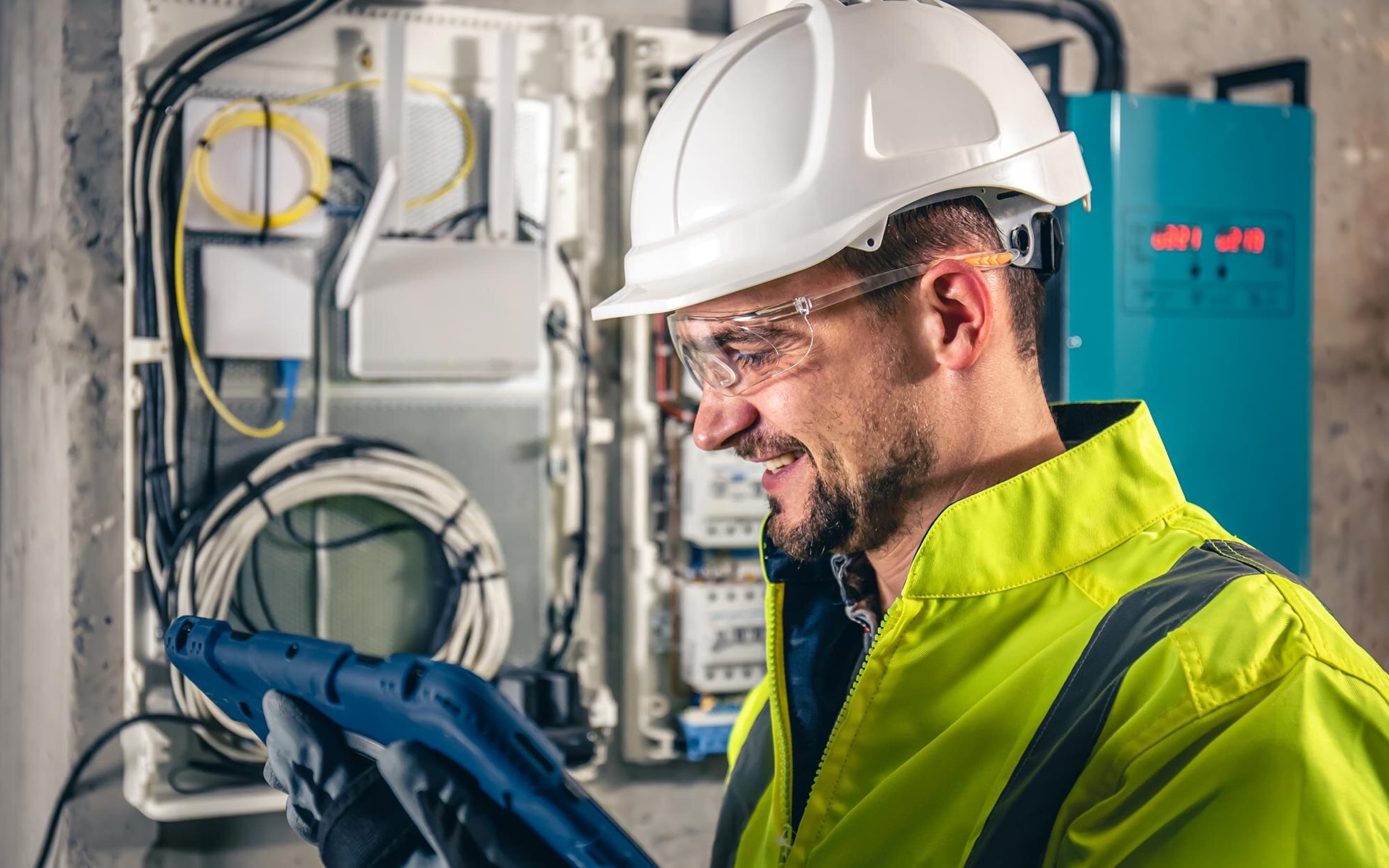 Ein Techniker in Schutzkleidung und Helm prüft mit einem digitalen Messgerät eine moderne Elektroinstallation in einem Technikraum.