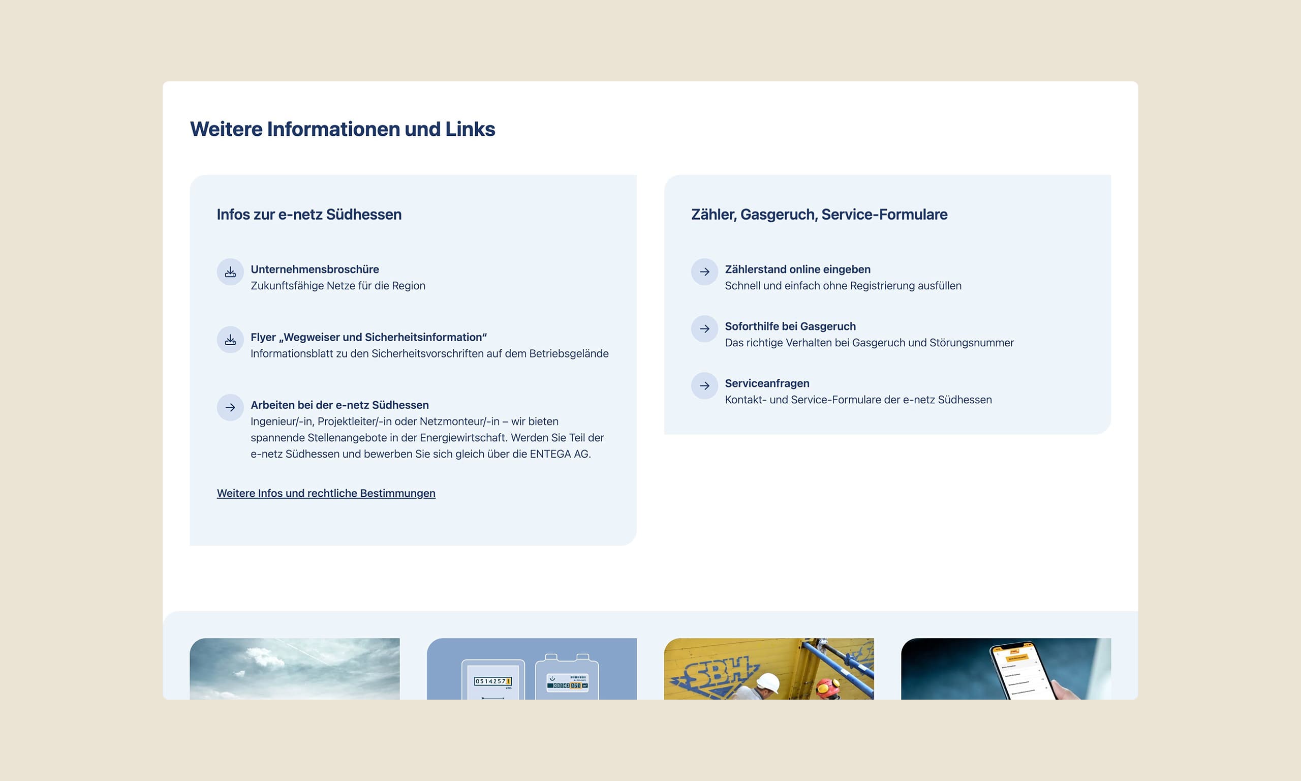 Ausschnitt der Website auf Desktop mit zwei Boxen die weiterführende Informationen und Links beinhalten