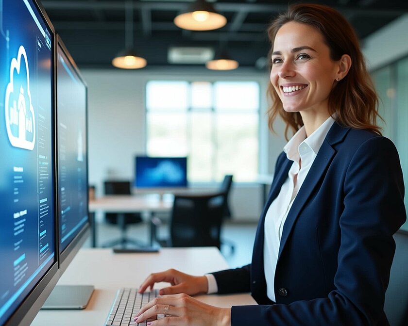 Frau im Anzug vor Computer