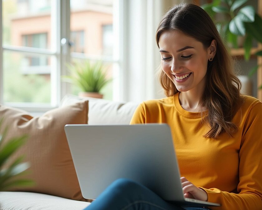 Frau sitzt auf der Couch und schaut auf Laptop